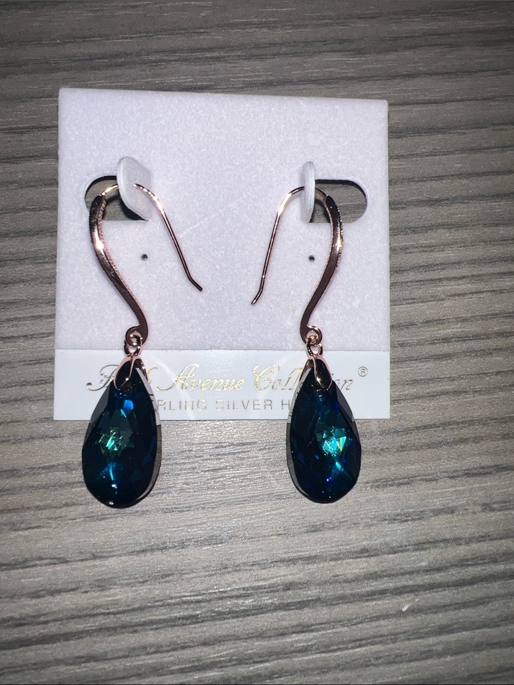Rose Gold Teardrop Earrings with Deep Teal Crystal Drops
